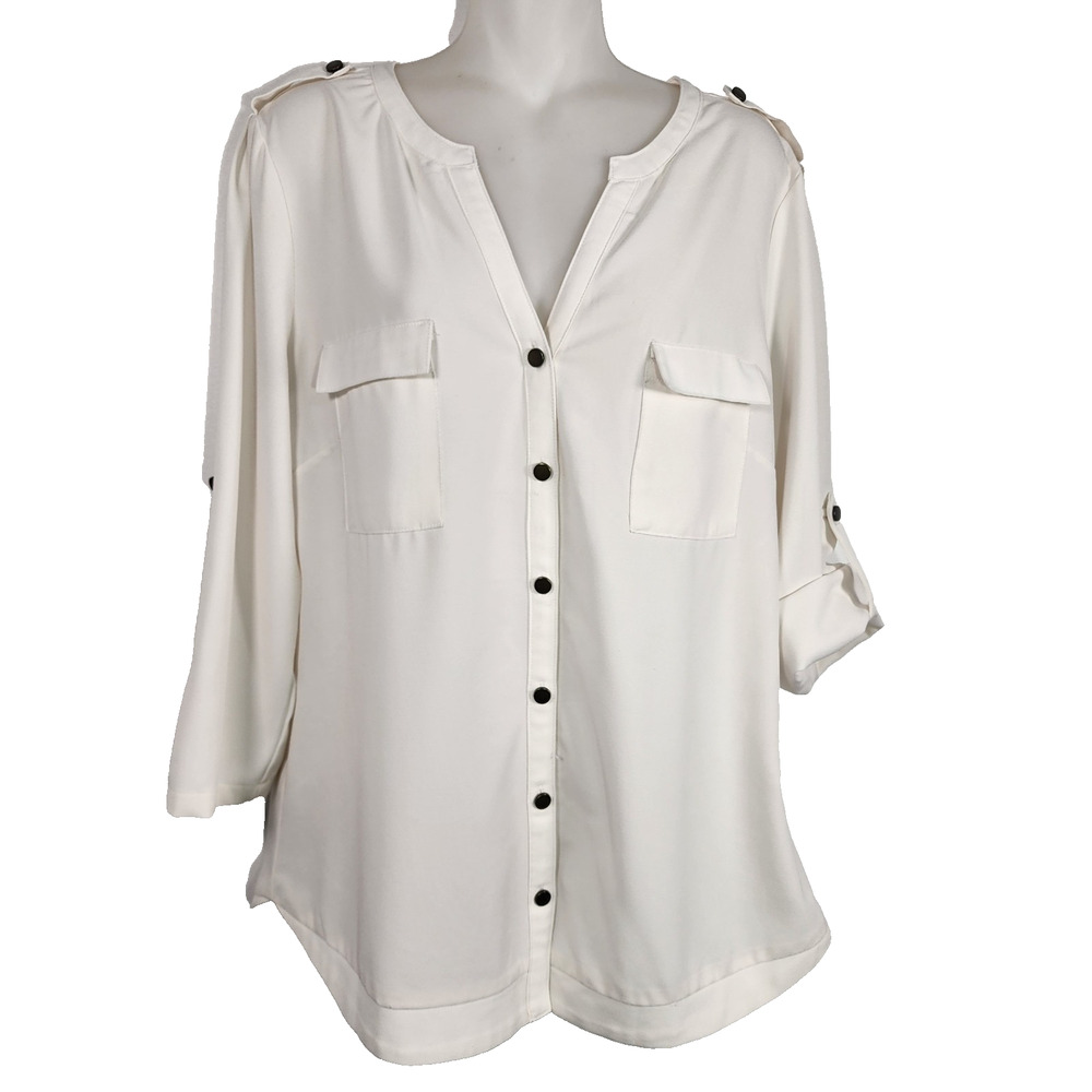41 Hawthorn Womens Tameron Button Down Blouse L Roll Tab Sleeves Pockets Preppy